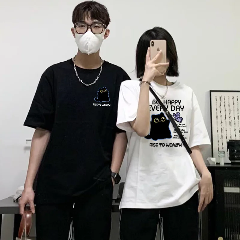 2024 Cartoon Happy Black Cat Graphic Print Summer Fashion Couple T-shirts Tee 240g Cotton Men Women Casual Short Sleeve Tshirts