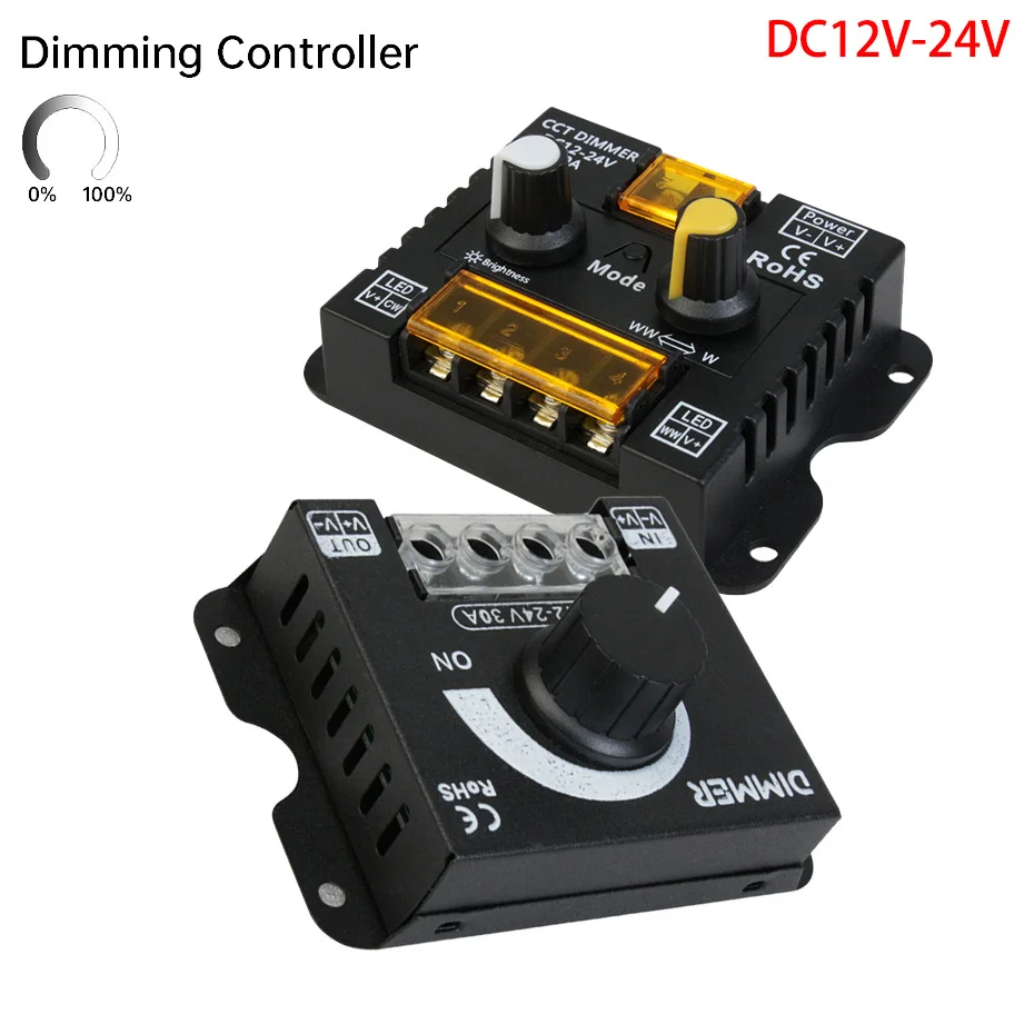 

DC12V- 24V 30A 360W LED Dimmer - Stepless Brightness CCT Controller Knob for Monochrome 5050/3528 COB SMD LED Strip Lights