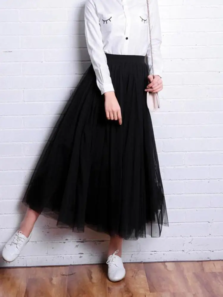 Vintage Tulle Skirt Women Streetwear Elastic High Waist Mesh Pleated Skirts Summer Elegant Korean A Line Office Ladies Skirt New