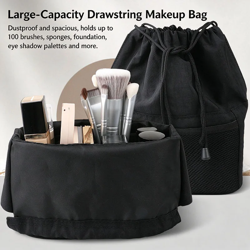 Large Capacity Drawstring Makeup Brush Storage Bag Foldable Cosmetic Tools Storage Bag with Adjustable Partition and Mesh Pocket