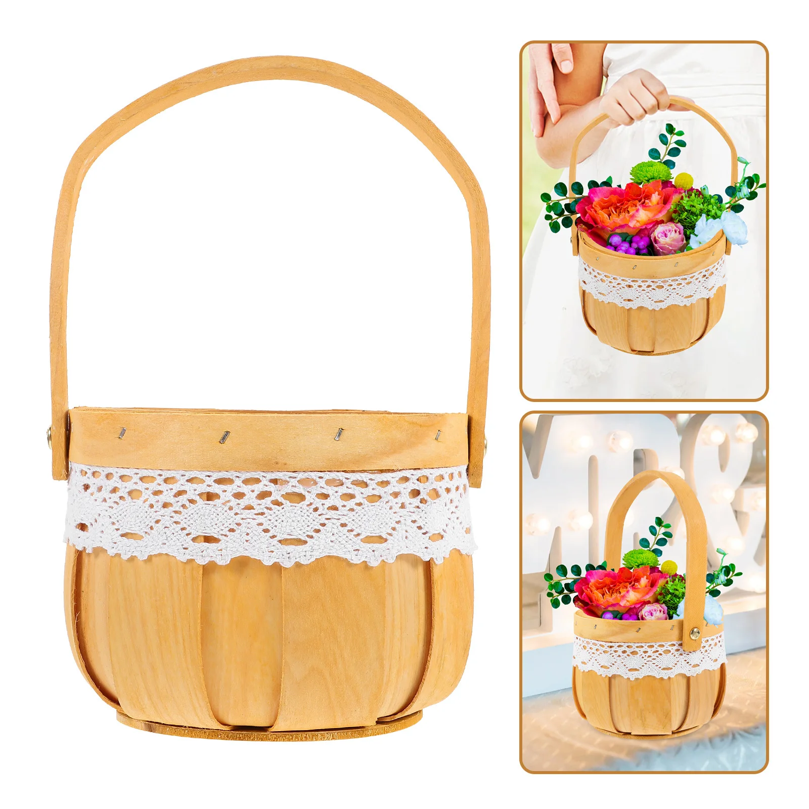 

Small Woven Basket With Handle Natural Woodchip Handmade Storage Decorative Basket For Wedding Flower Arrangement Picnic Serving