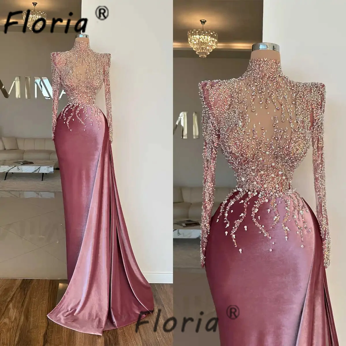 Shinning Evening Dress Elegant Beaded Pearls Velvet Customized Prom Dresses See Through Formal Party Gowns Vestidos de fiesta