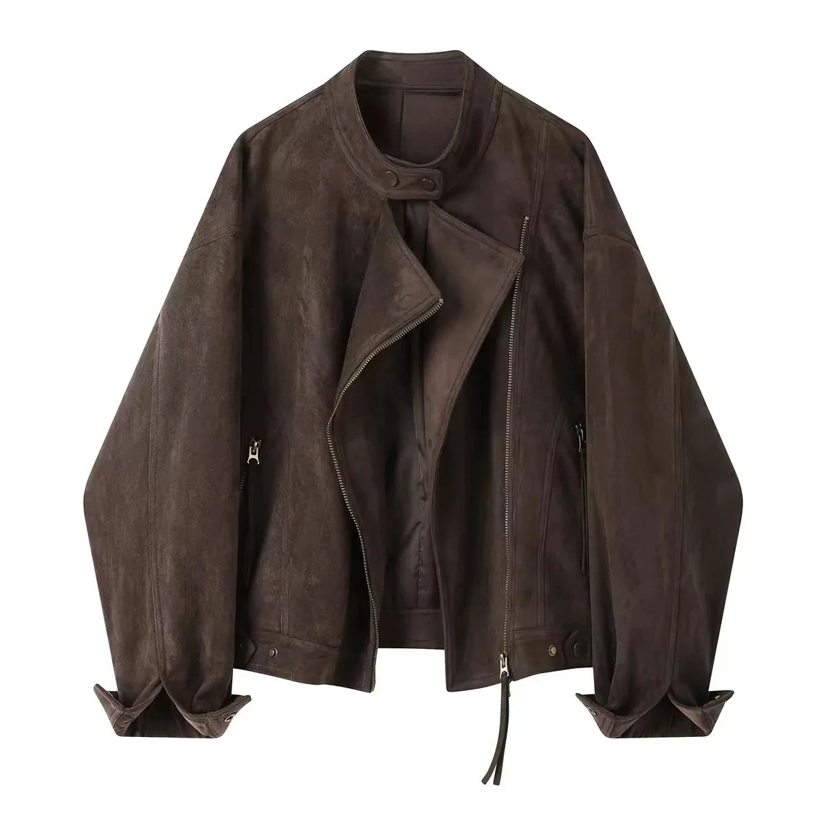 Imitation Suede Short Jacket For women 2026 Spring autumn New Round neck Motorcycle Flight Jackets Female Zipper Outwear Top
