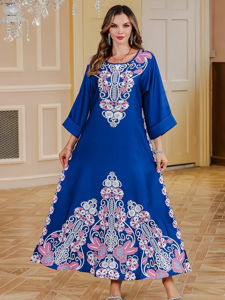 Eid Long Robe Muslim Women Party Pearl Jalabiya Dresses Print Ramadan Abayas Kaftan Islam Vestidos Arab Morocco Dubai Abaya Gown