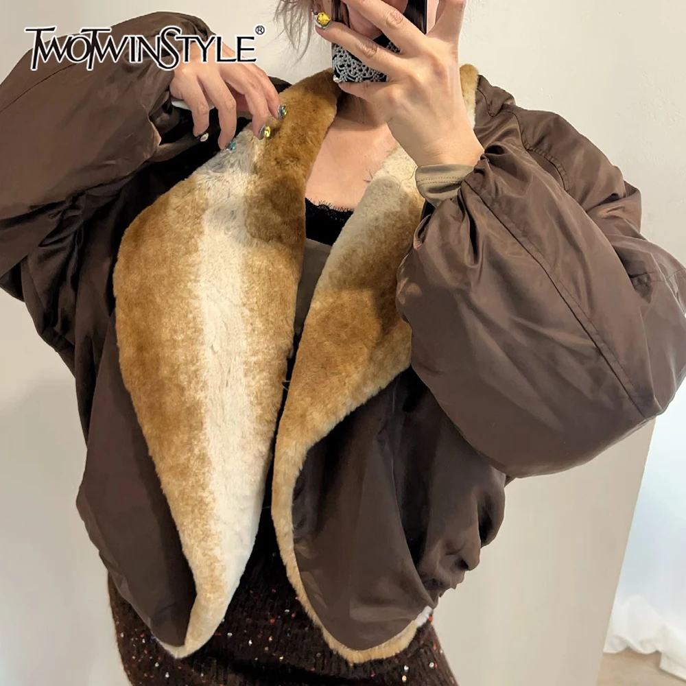 

TWOTWINSTYLE Coffee Spliced Folds Jacket Female Lapel Long Sleeve Loose Streetwear Basics Women's Jackets Autumn Fashion Clothes