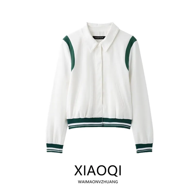 Spring 2025 Women's Commuter Long Sleeve Striped Detail Ribbed Jacket Versatile Color Block Loose Fit Regular Length Outerwear