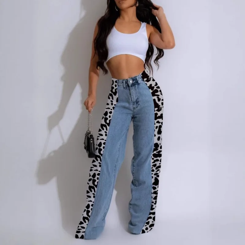 

Leopard Patchwork Women Denim Pants Wide Leg High Waist Zipper Fly Jeans 2025 Summer New Popular Streetwear Workout Activewears