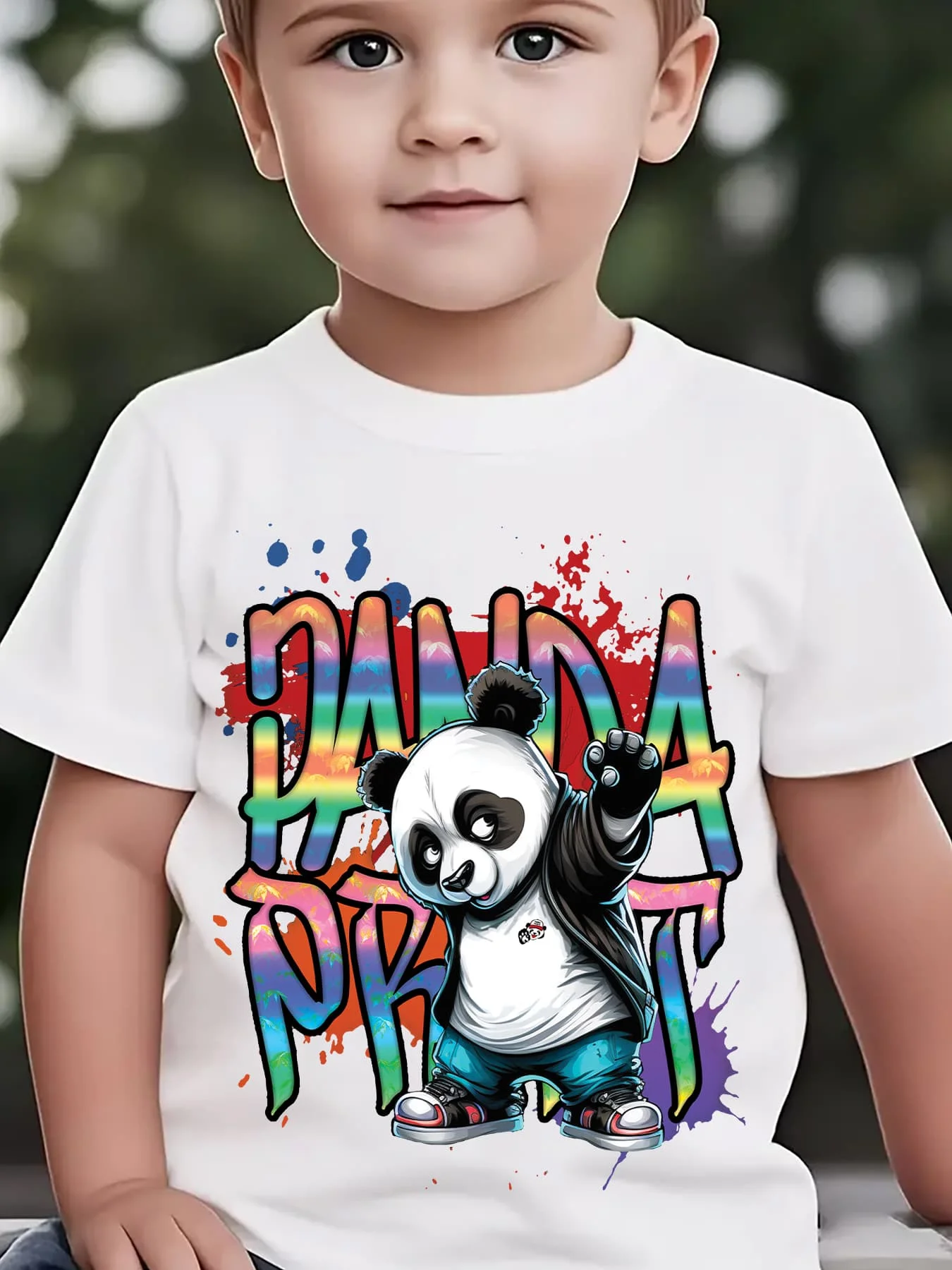 Cute Hip Hop Panda Graffiti Print Graphic Kids Tee Boys Girls Family Matching Cotton Crew Neck Short Sleeve Soft Summer Tee