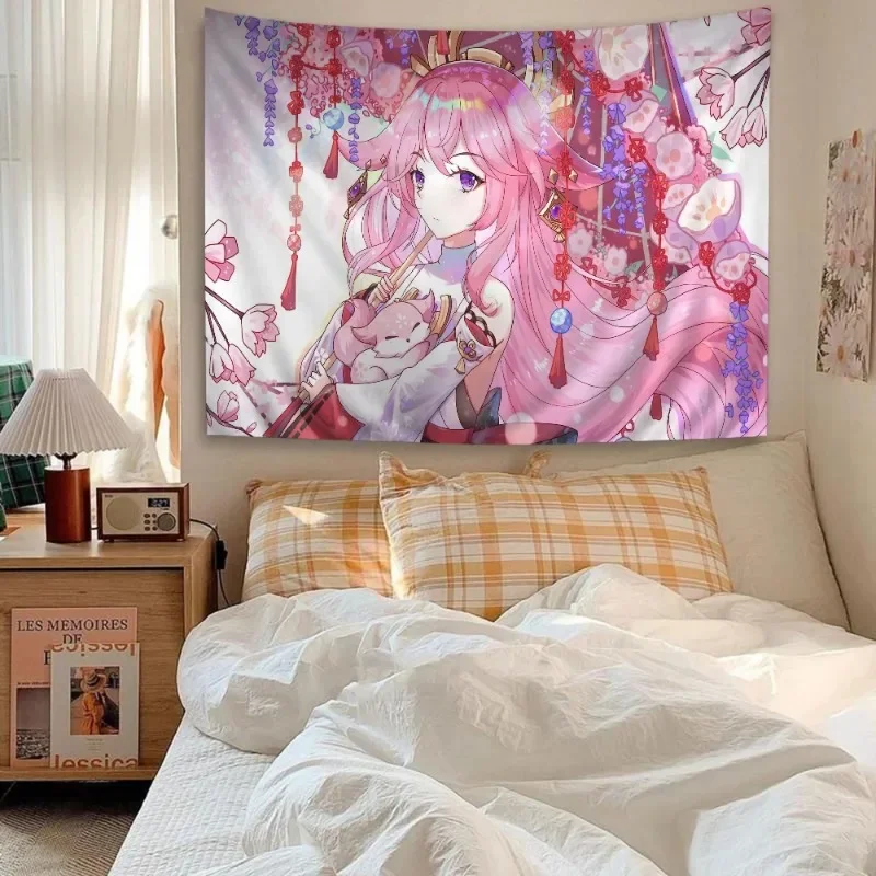 Genshin Impact Yae Miko Anime Tapestry Hippie Flower Wall Carpets Dorm Decor Cheap Hippie Wall Hanging