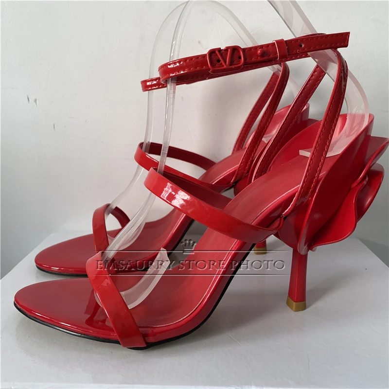 Individual Carved Rose Strange Heel Women Sandals Genuine Leather Narrow Band Ankle Strap Party Shoes Summer