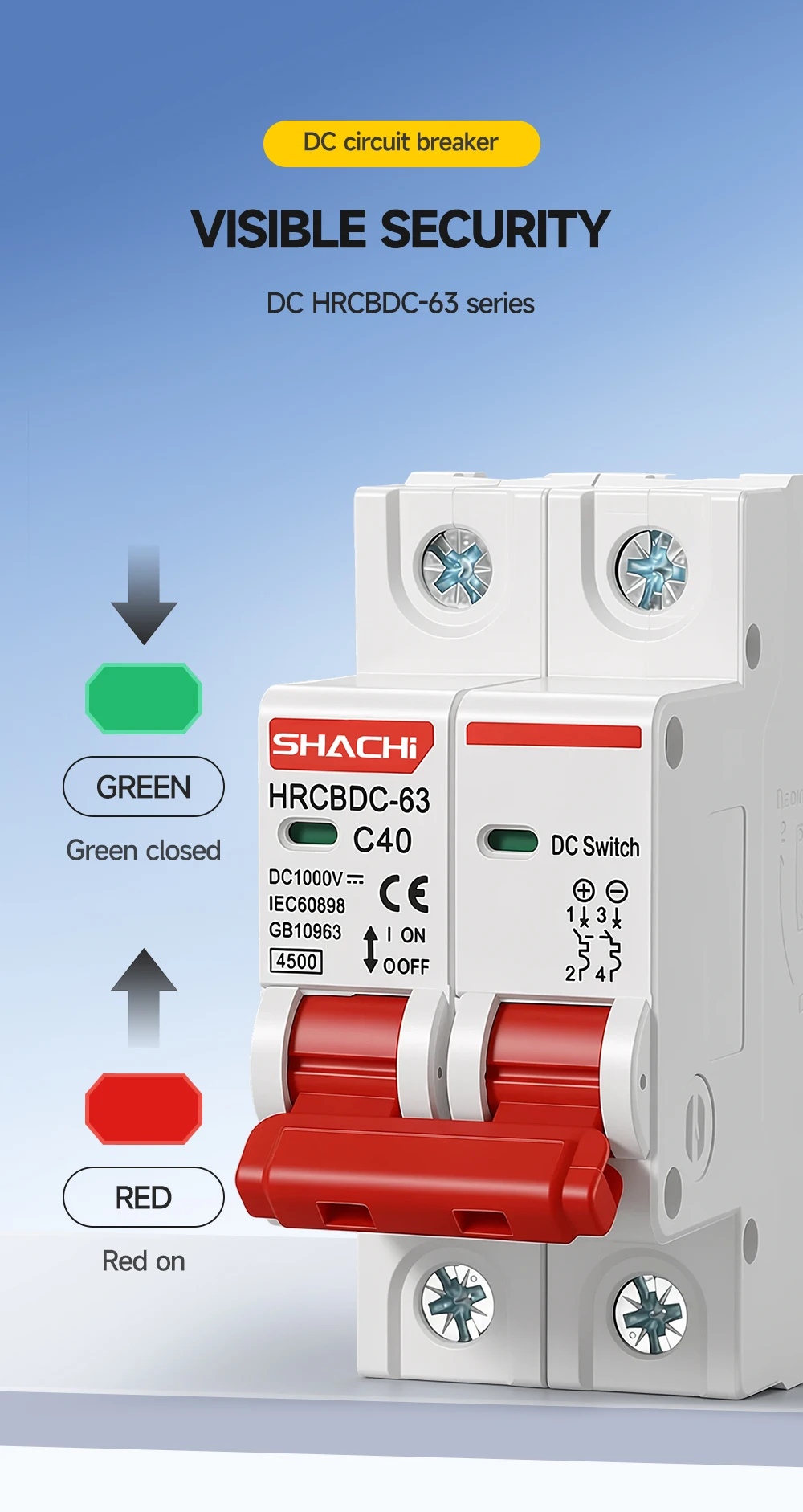 SHACHI 2P DC MCB 1000V Solar Mini-Leitungsschutzschalter 3A 6A 10A 16A 20A 25A 32A 40A 50A 63A DC MCB für PV-Systeme – Detail 9