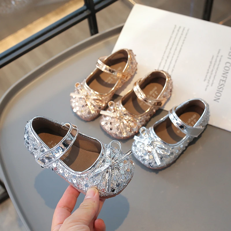 Girls Leather Shoes Spring Autumn Gold Bow Flat Girls Walking Shoes 0-8 Years Old Silver Non-slip Children Baby Single Shoes