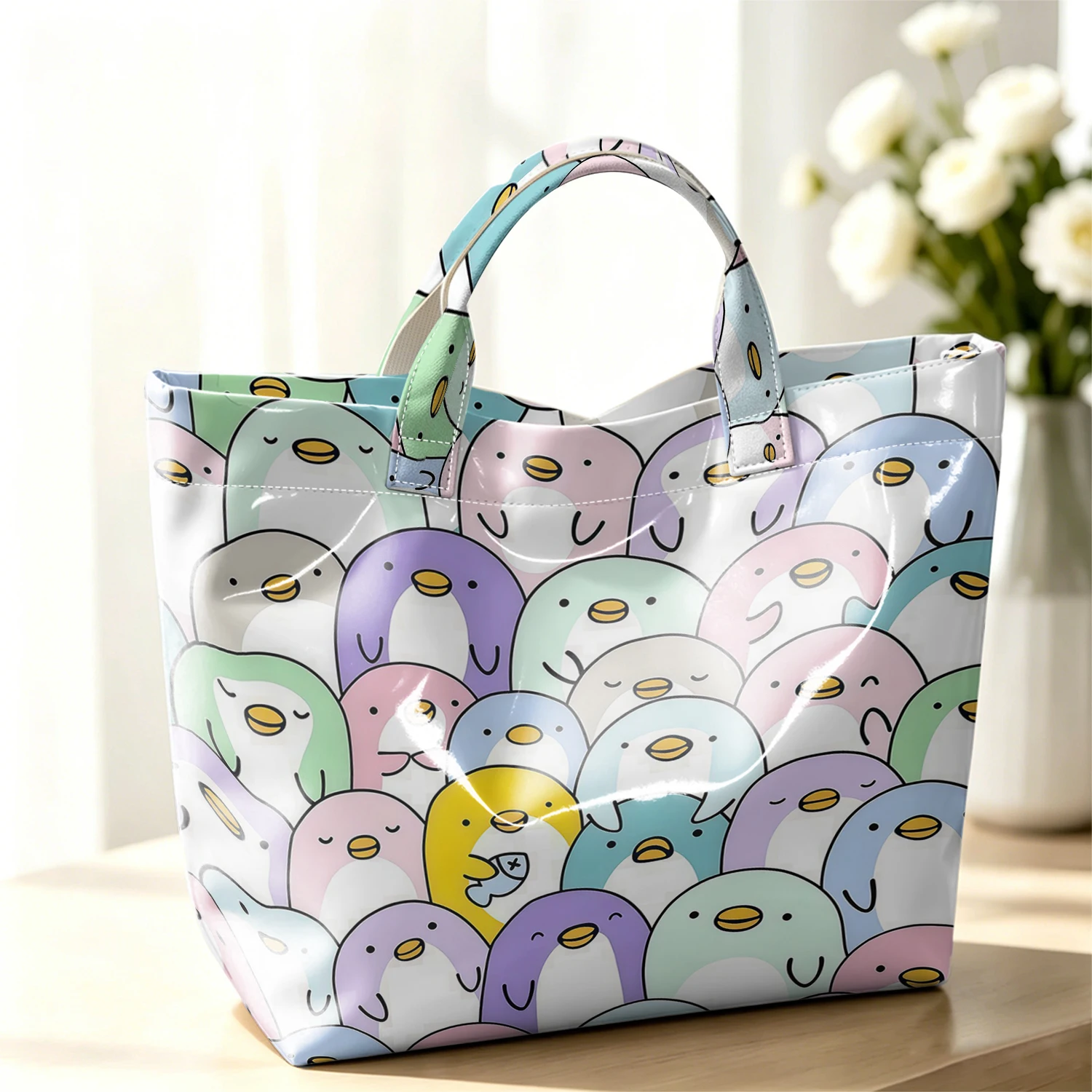 Pastel Penguin Stylish Large Glossy PVC Tote Bag Washable Waterproof Durable Ideal for Travel Commute Cosmetics Books Handbags