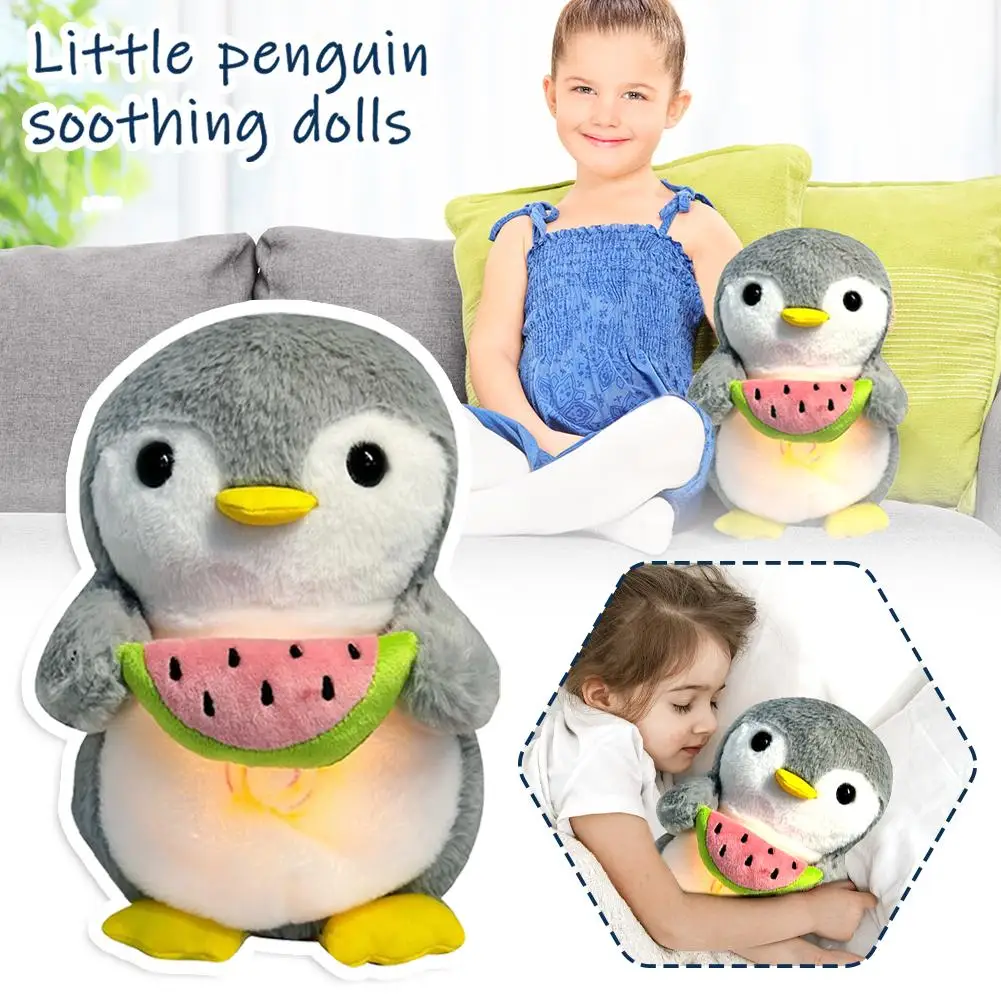 Breathing Little Penguin Sleeping Doll Simulation Animal Plush Toy Glowing and Making Sounds Cute Pillow 28cm Baby Soothing Toy