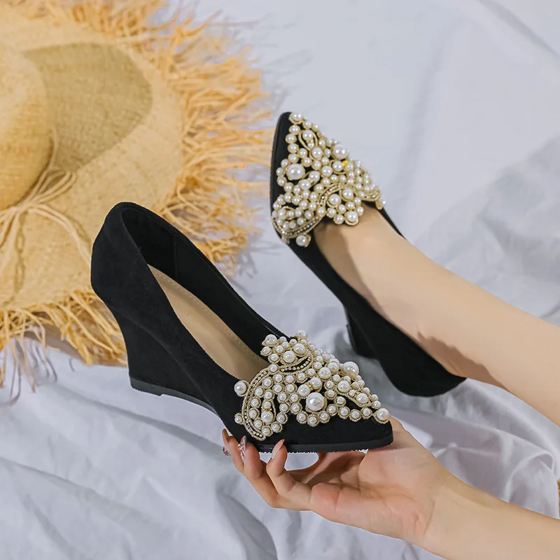 Shoes Black Heels Slip On Chunky Sandals Work Dress Professional Pointed Pumps Lace-Up Clogs Wedge Shallow Mouth Footwear 2024 S