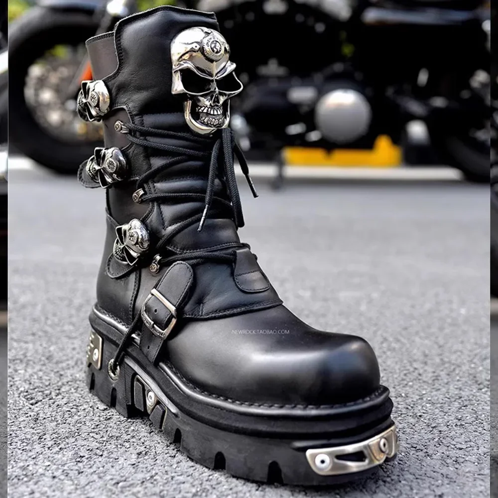 

Fashion Genuine Leather Motorcycle Boots Design New Women Silver Skull Devil Goth Men Punk Metallic Western Cowboy Boots Plus48