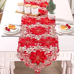 Christmas Table Runner, Poinsettia Holly Leaf Embroidered Table Linens For Christmas Decorations