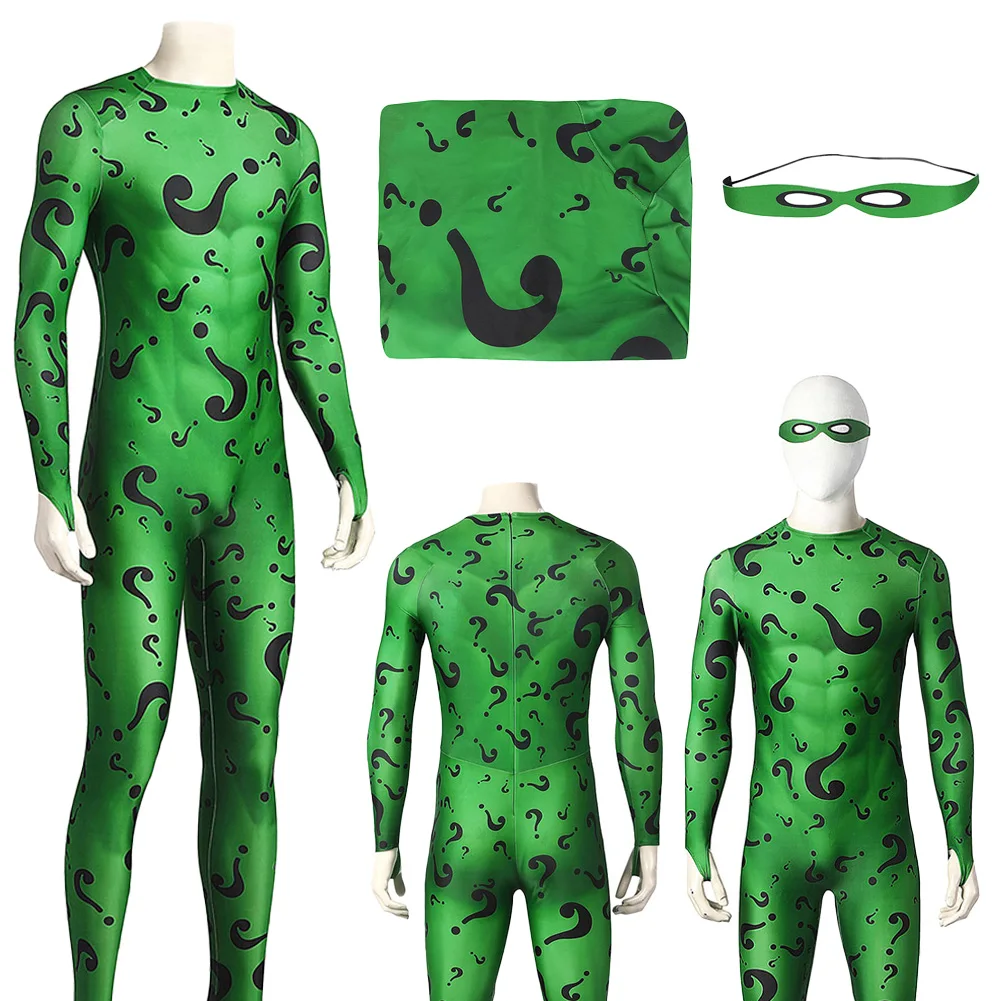 

Fantasia Riddler Косплей Комбинезон Маска для глаз Одежда Фильм Суперзлодей Disfraz Костюм Мужчины Фэнтези Хэллоуин Карнавал Вечеринка