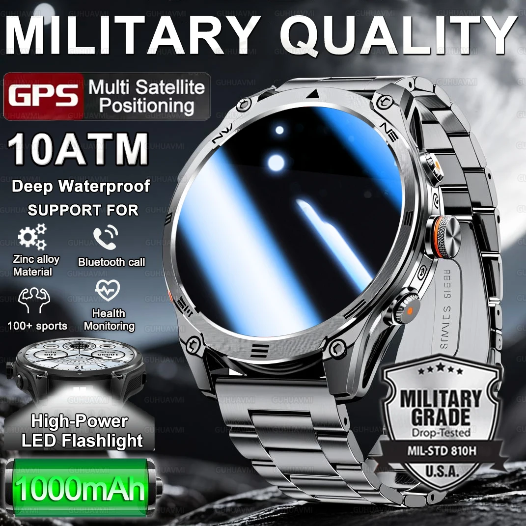 

New Military Smart Watch 1000Mah Battery GPS trace Compass 10ATM Waterproof Tactics Sport Flashlight BT call Smart Watch For Men