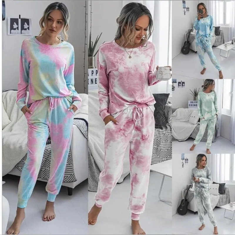 Two Piece Set Women\'s Casual Long Sleeve Round Neck Pajamas Homewear Set Loose Tie-Dye Printed T-Shirt Running Morning Exercise