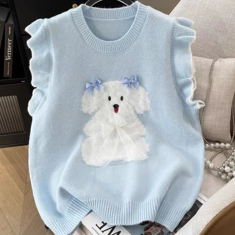 الكرتون الكلب القوس الجاكار الكشكشة كم سترة سترة المرأة الأزرق أكمام نمط Preppy سترة محبوكة غير رسمية المرأة ربيع الخريف