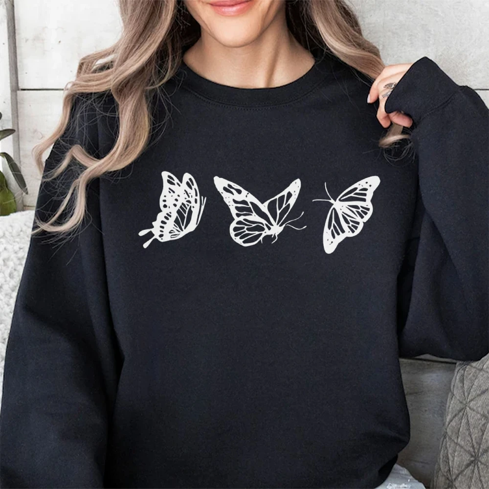 Butterfly Print Round-neck Women's Sweatshirts Harajuku Long Sleeve Casual Female Hoodie Street Aesthetic Clothes For Autumn