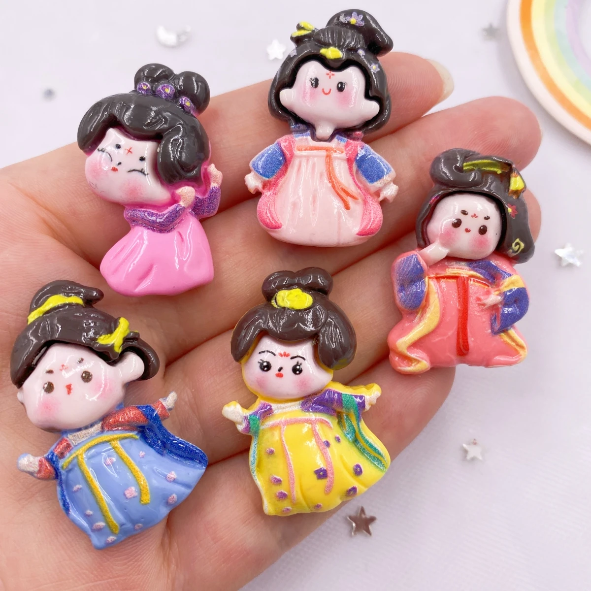 Resin Mix Colorful Cartoon Kawaii Cool Tang Dynasty Beauty Girl Flatback Figurine 10PCS Scrapbook DIY Bow Accessory Decor Crafts