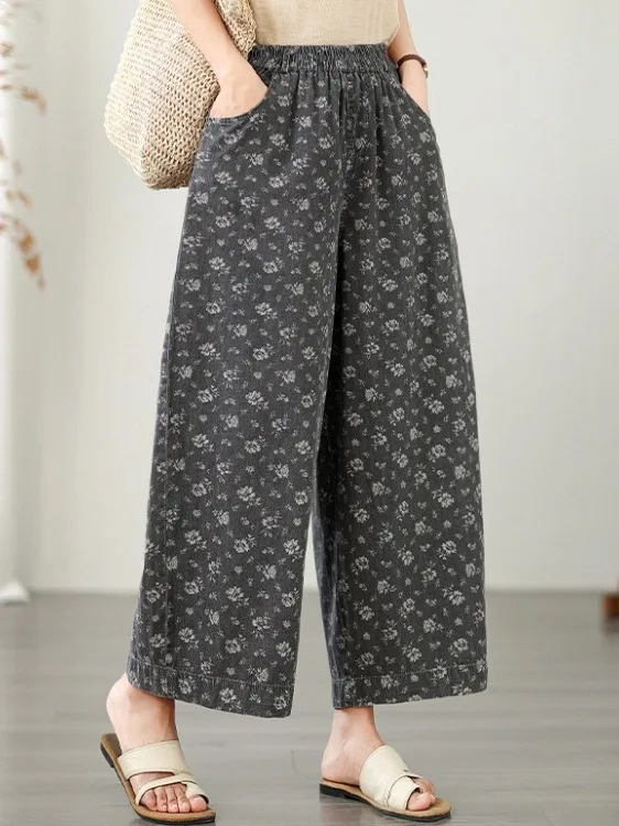 

Джинсы с ретро-принтом из хлопкового денима, с высокой талией, утягивающие, повседневные, свободного кроя, прямые, широкие, длиной 7/8, для полных женщин