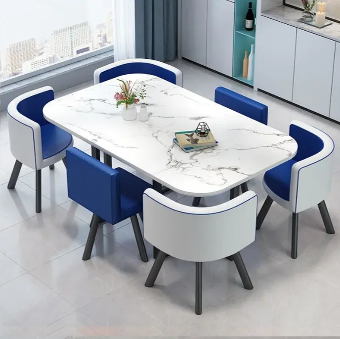 Modern Luxury golden stainless steel dining table with marble top for dining room furniture dining table set