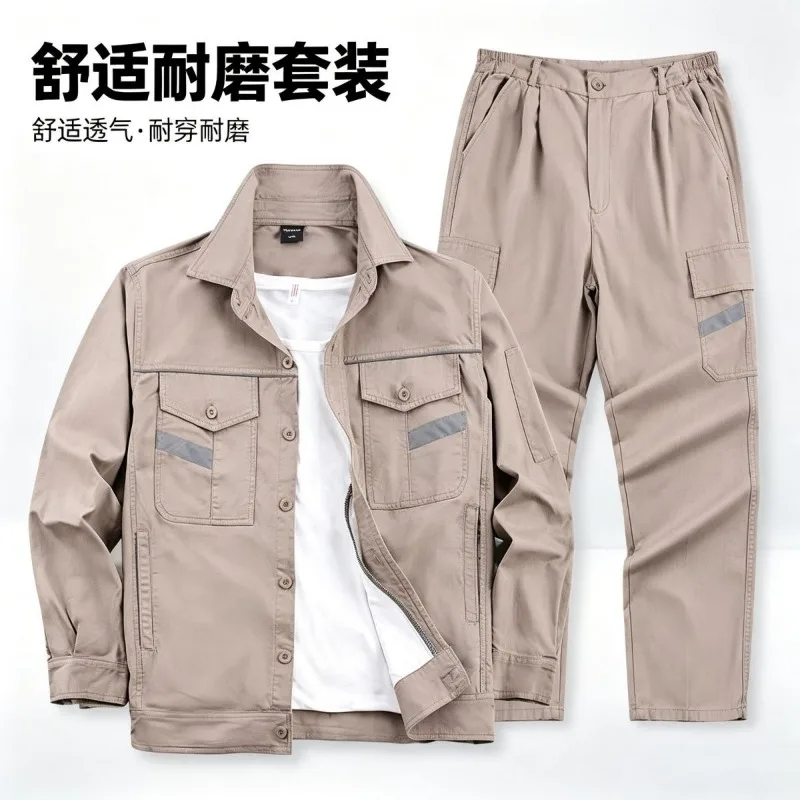 Men Summer Pure Cotton Work Suit Thin Breathable Wear Resistant Reflective Stripe Uniform for Construction Garage Site Workwear