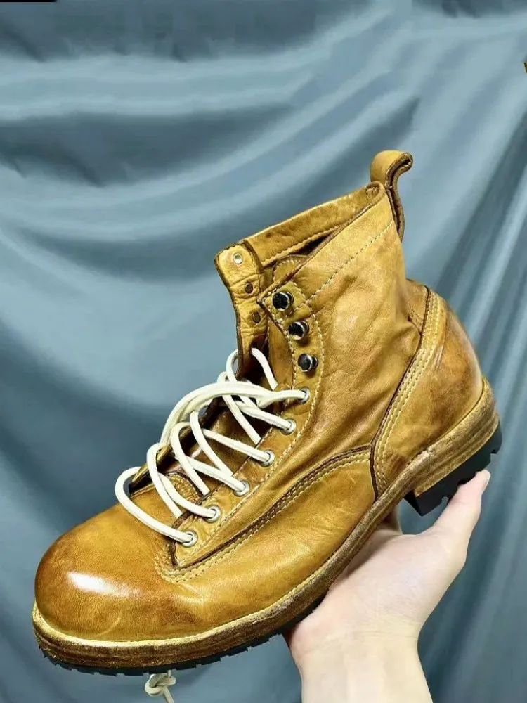 Retro Design Mens Genuine Leather Cargo Boots British Style Handmade Horsehide High Top Motorcycle Shoes Personality Short Boots