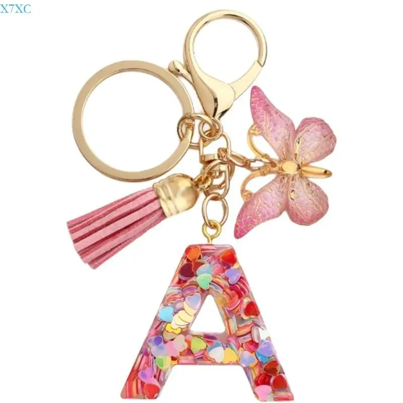 

X7XC Heart Sequins Initial Letter Keychain Tassels Butterfly Pendant Charm Keyring