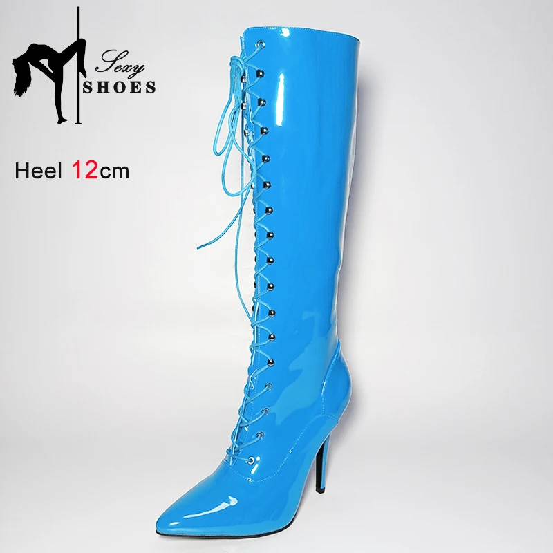 Voesnees Sexy schwarzer Spiegel kniehohe Stiefel Frauen t zeigen spitze Zehen Club Party Stiletto lange Stiefel Frauen Cross Dressing große Größe 36 ~ 46 6