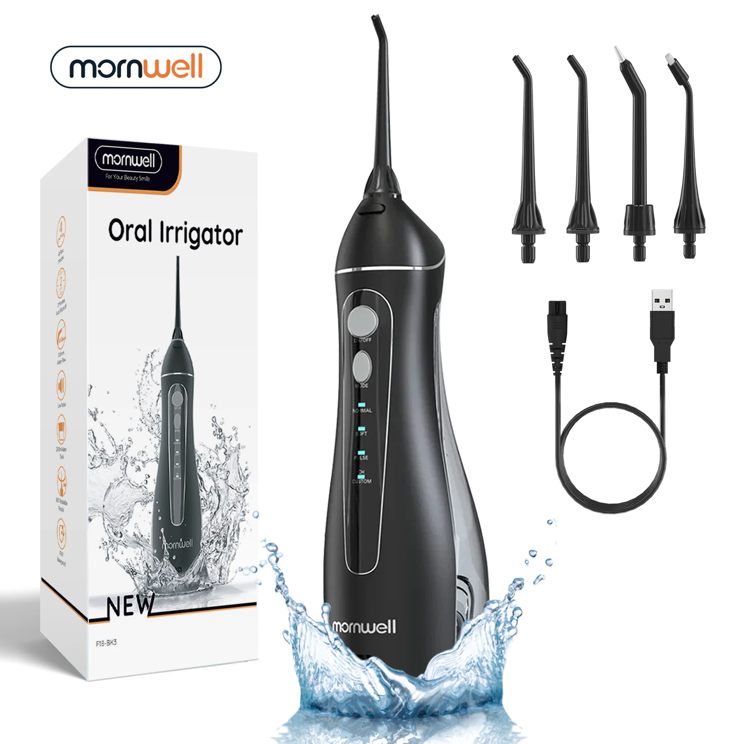 جهاز تنظيف الأسنان بالماء اللاسلكي للأسنان F18,4 إعدادات الضغط، 8 أطراف نفاثة، مقاوم للماء IPX7، بطارية قابلة للشحن عبر USB للتنظيف العميق