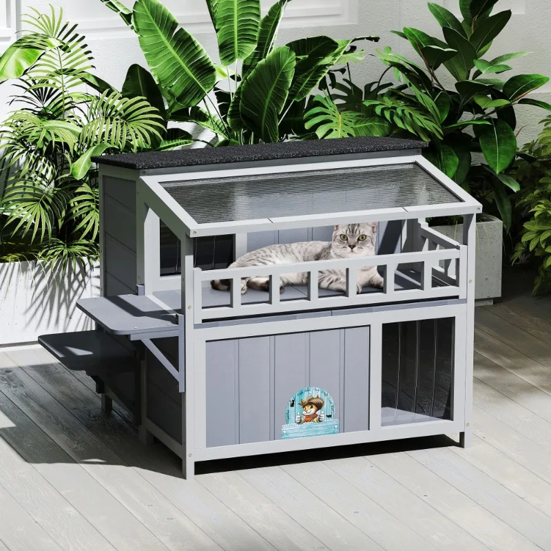 

2-уровневый деревянный кошачий домик и корпус с платформами для прыжков и бегом, водонепроницаемая уличная клетка для кошек для котят, многоуровневая Pl