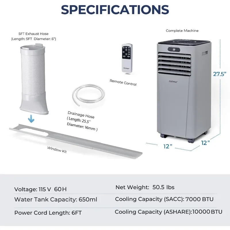 COSTWAY Portable Air Conditioner, 10000BTU Air Cooler with Drying/Fan/Sleep Mode, 2 Speeds, 24H Timer, Remote Control