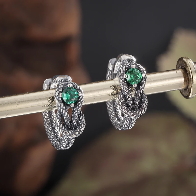 Vintage Lucky Knot Earrings Green Zircon Hypoallergenic Hoop Earrings Women\'s Casual Party Jewelry Gifts