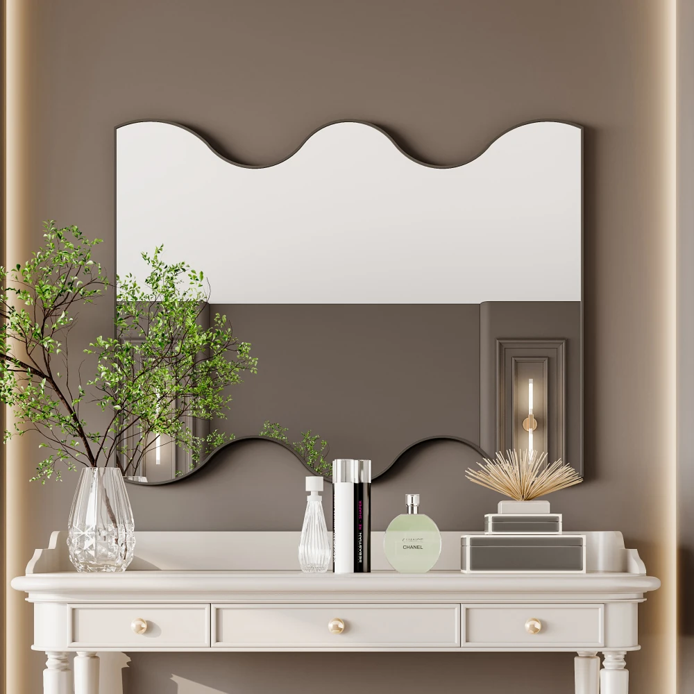 Wall Mirror 30x35 Inch Black Rectangular Mirror with 2 Wavy Sides Metal Framed Mirror Vanity Mirror Dressing Mirror,for Bathroom