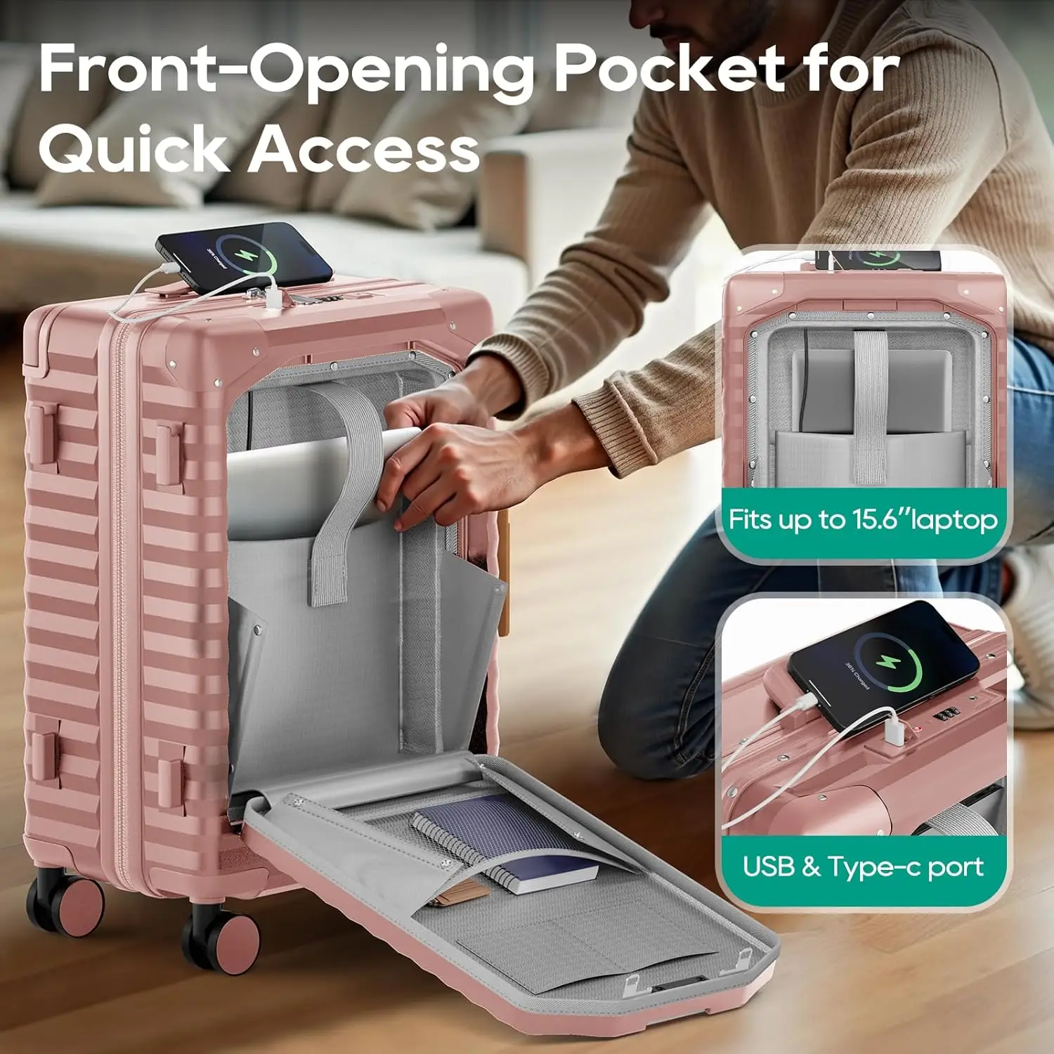 Maleta de mano rígida de 20 pulgadas con puerto USB, bolsillo frontal y portavasos: equipaje de viaje ligero para viajes aéreos