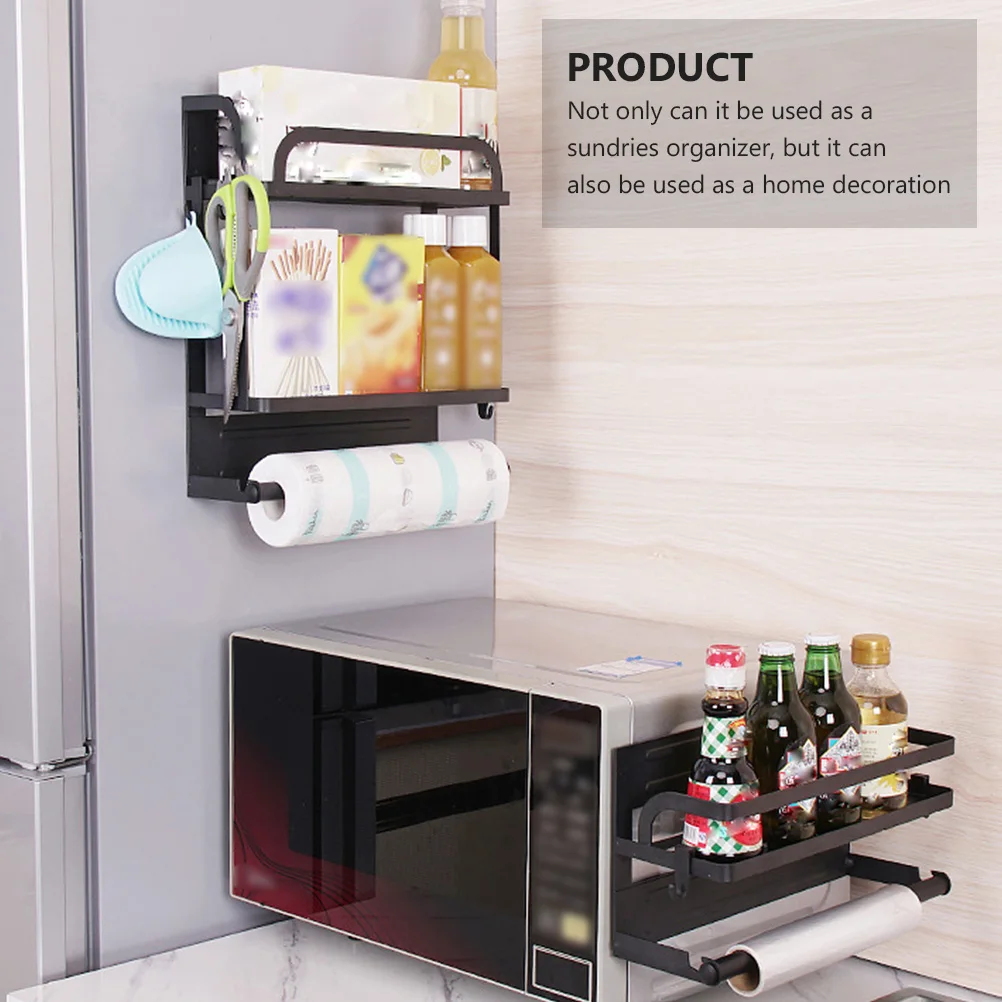 

Refrigerator Magnetic Storage Rack Single Layer Shelf Home Kitchen Organizer 4 Hooks Black Strong Load-Bearing Simple Design