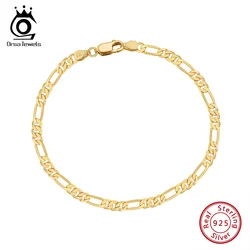 ORSA JEWELS 100% 925 Sterling Silver Italian 3.3mm Diamond-Cut Figaro Chain Bracelet for Women Handmade Party Jewelry SB66