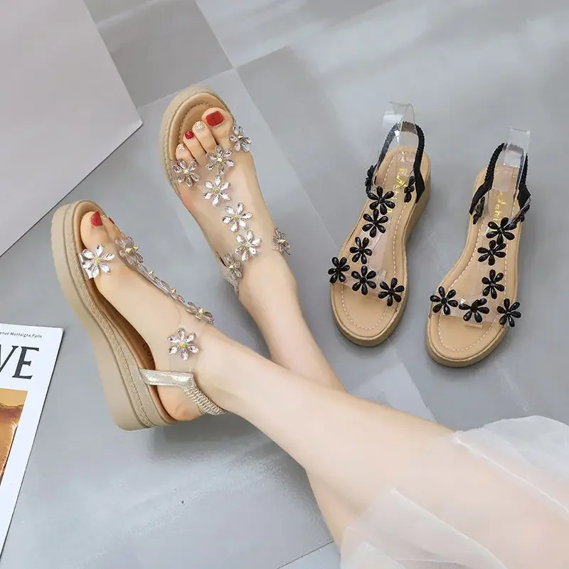 Summer 2024 Footwear Rhinestones Sandals for Women Platform Ladies Shoes Roman Style Transparent Designer Luxury Casual Sandal H