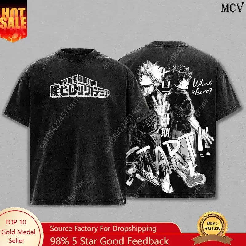 

Bakugo - My Hero Acedemia Anime Double Printed Oversized Washed Tee Unisex Oversize Anime Manga Acid Washed Lightweight Cotton T