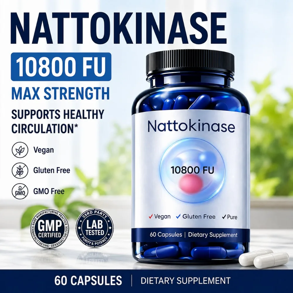 Nattokinase 10800 FU 540mg Fibrinolytic Enzyme Supplement Vegan Non GMO Gluten Free Dietary Supplement 60 Capsules Daily Support