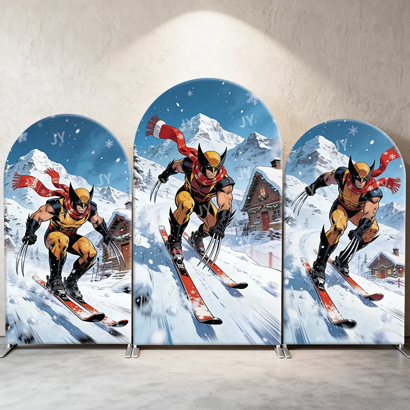 

Wolverine Christmas Skiing Arch Backdrop Cover Red Scarf Festive Scene For Kids Birthday Baby Shower Photo Booth Background