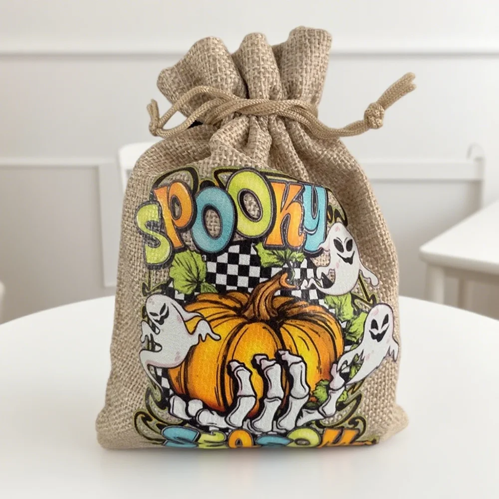 

5Pcs Halloween Burlap Drawstring Favor Bag Spooky Pumpkin Goodie Treat Bags for Kids Trick or Treat Sack Party Decorate Supplies