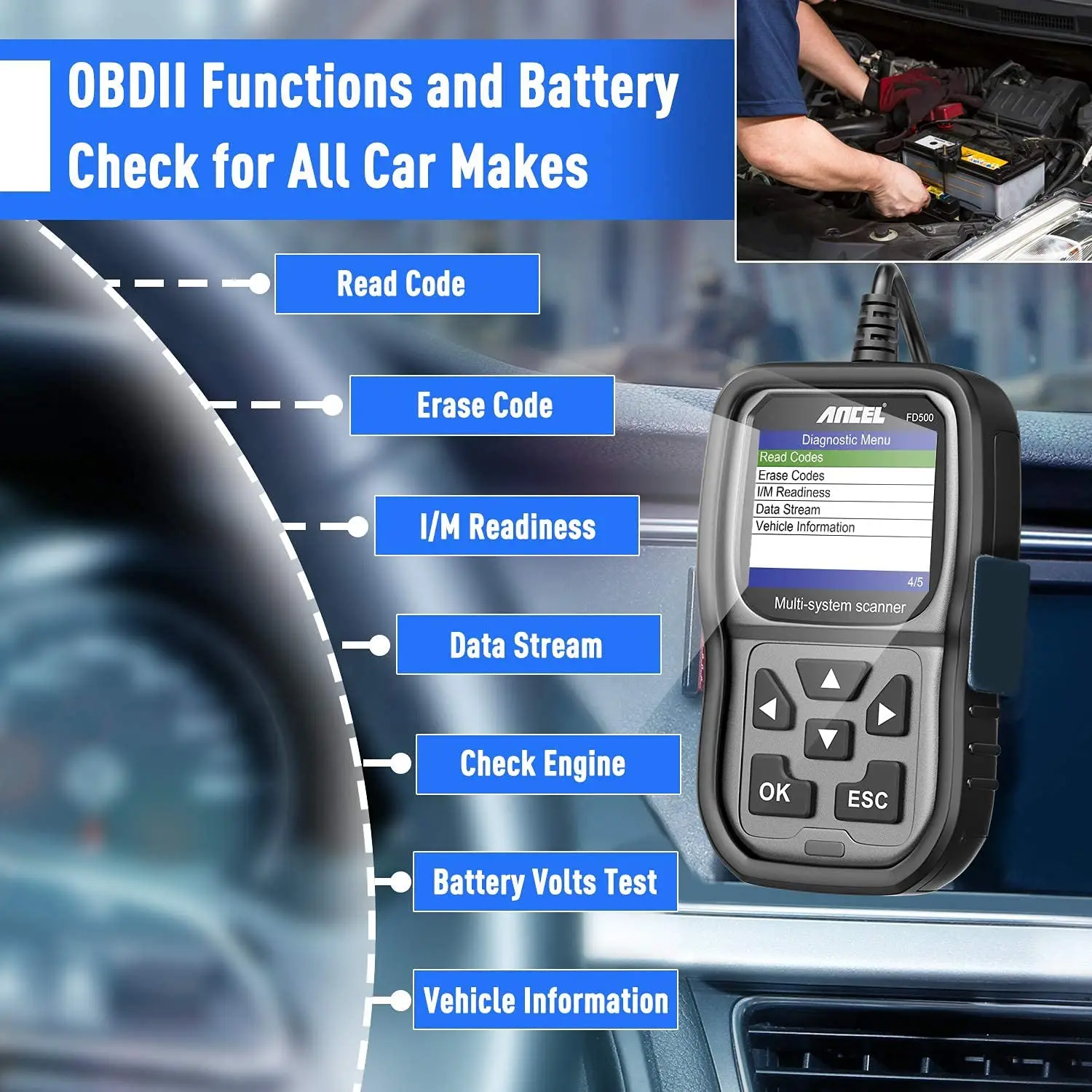 ANCEL FD500 OBD2 Scanner Full System Code Reader OBD 2 with Engine ABS SRS EPB/Throttle Oil Reset Car Diagnostic Tool for Ford