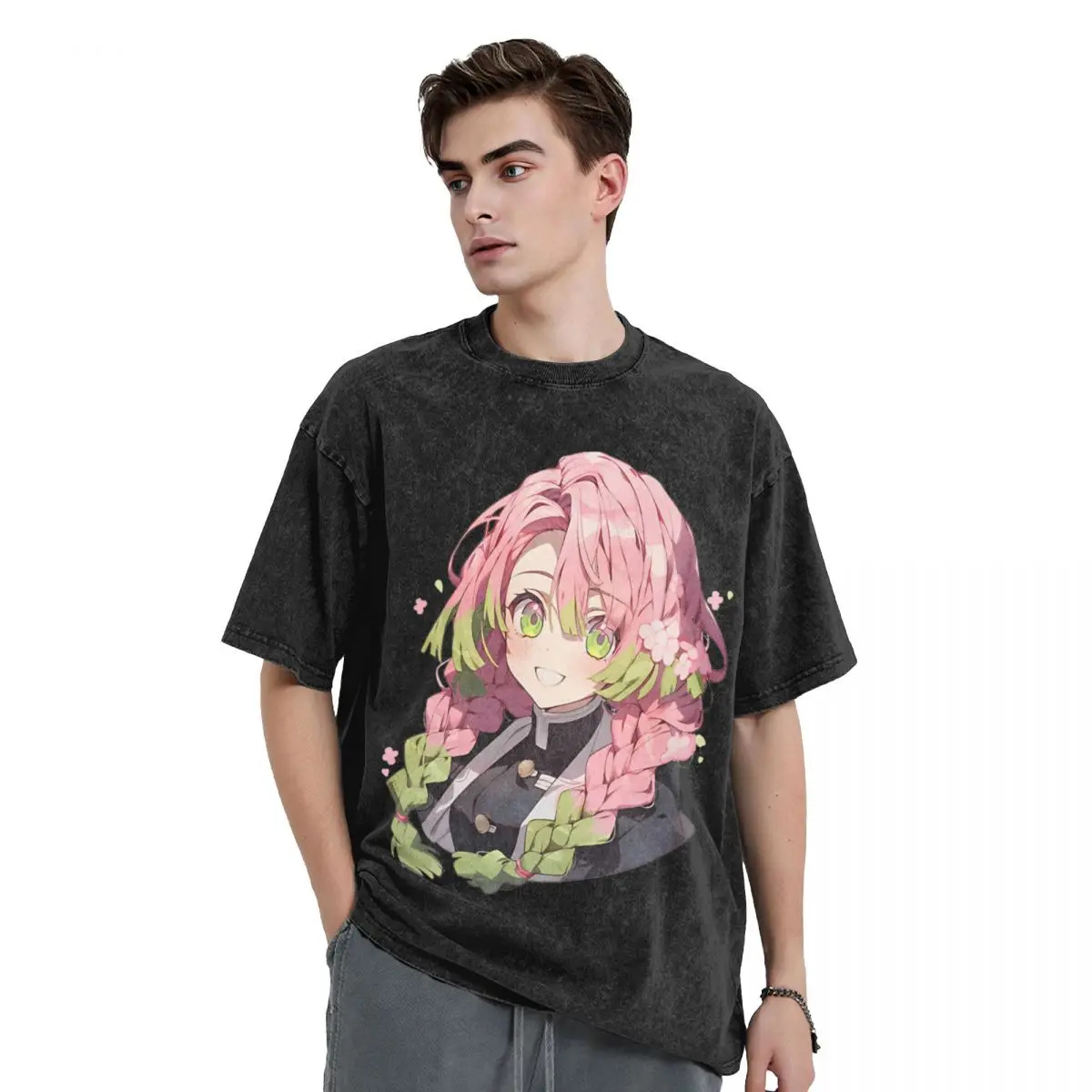 Anime Demon Slayers Kanroji Mitsuri T Shirts Cute Graphic Washed Oversized T-shirts Men Women Clothing Cotton Short Sleeve Tees