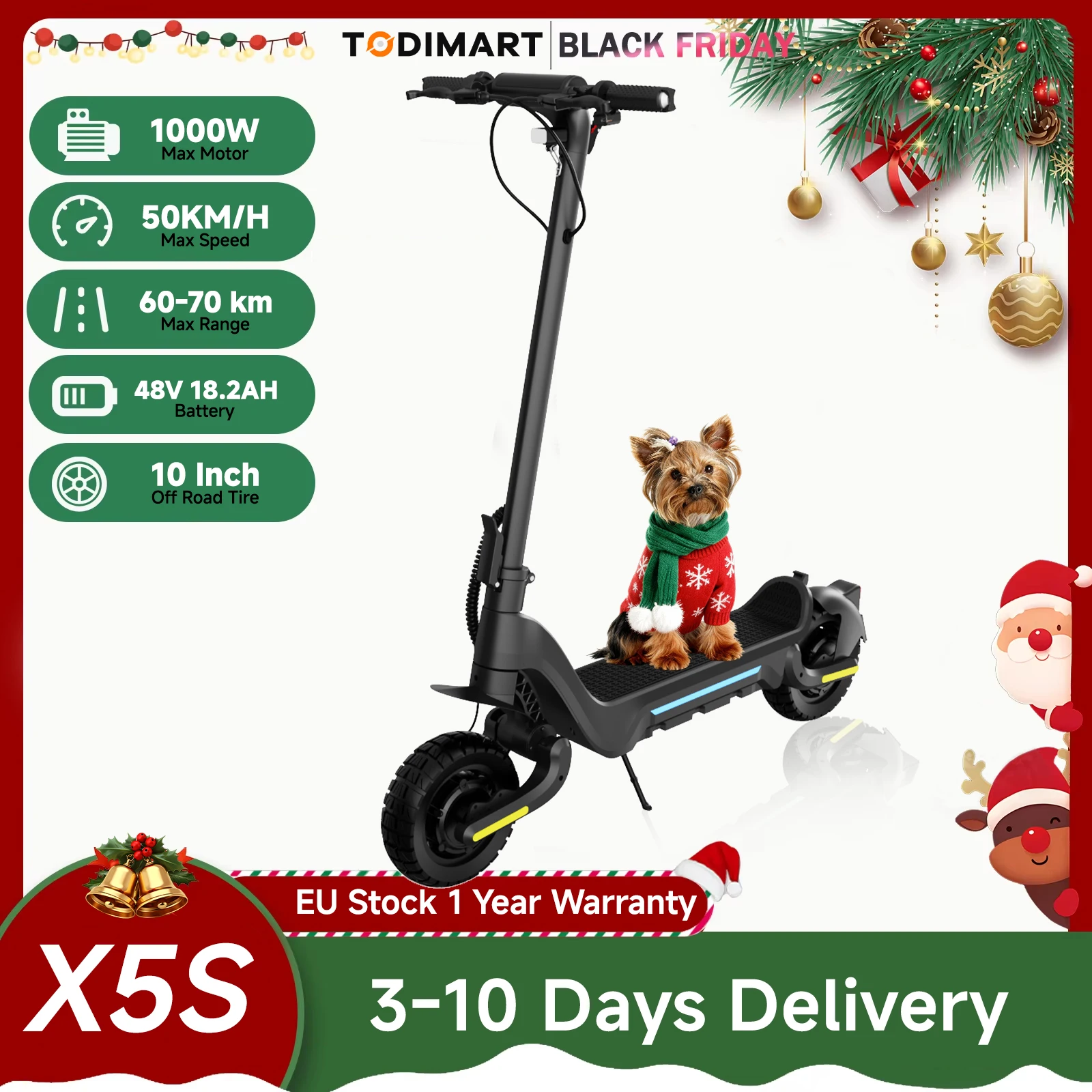 TODIMART X5S Trottinette Électrique Adulte Double Moteur 2000W 48V 18.2Ah, Vitesse 50km/h Pliable Pneu Tout-Terrain 10"