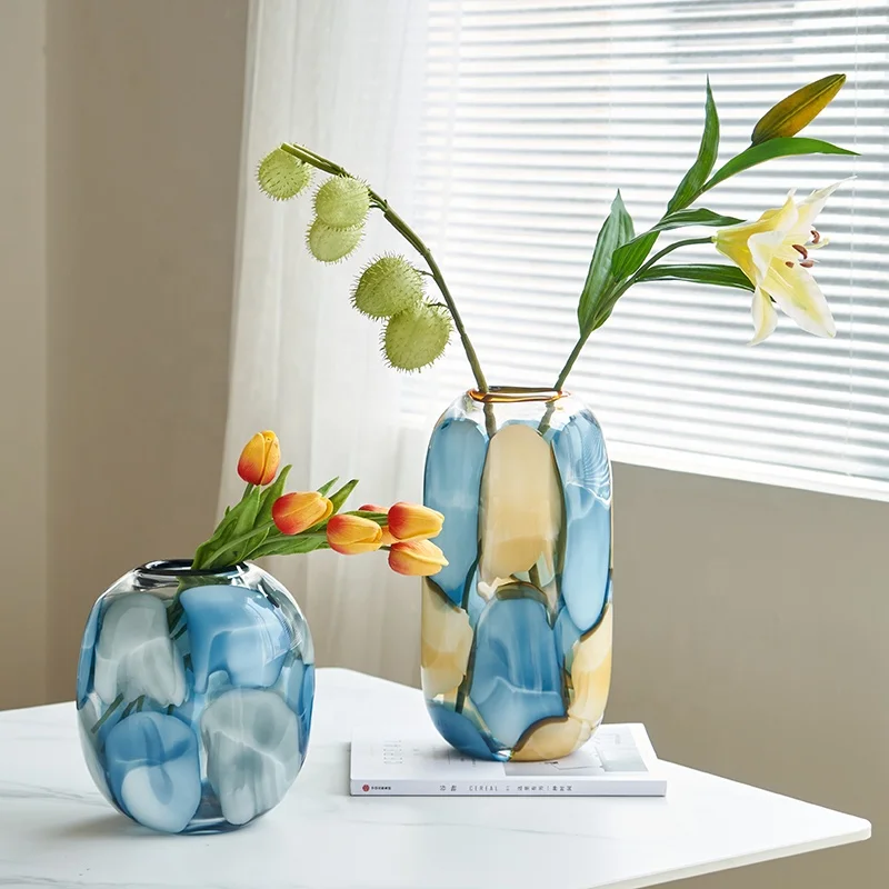 

Hand-blown glass Abstract blue-gray warm yellow pebble design Round flower arrangement table Decorative vase